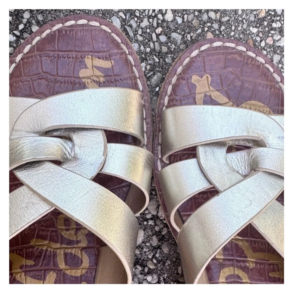 Sam Edelman Raynere Champagne Gold Leather Cork Wedge Platform Mules SZ 8.5